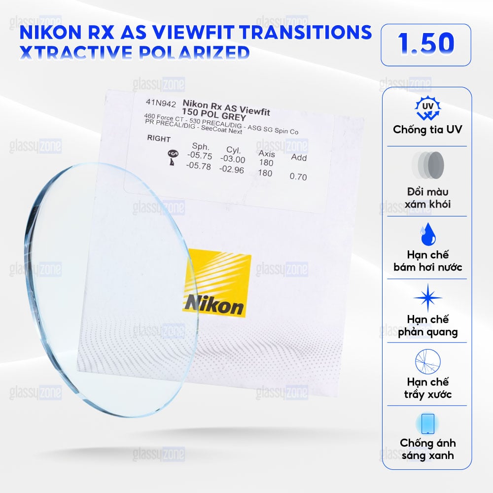 Tròng kính đánh Nikon Rx AS Viewfit Transitions Xtractive Polarized