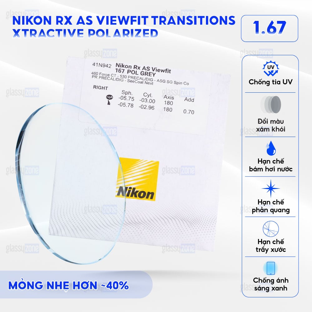 Tròng kính đánh Nikon Rx AS Viewfit Transitions Xtractive Polarized