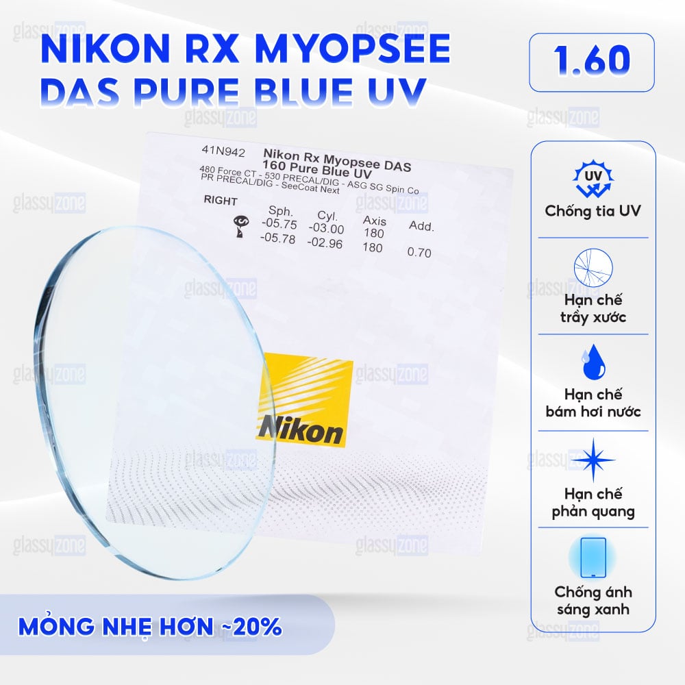 Tròng kính đánh Nikon Rx Myopsee DAS Pure Blue UV