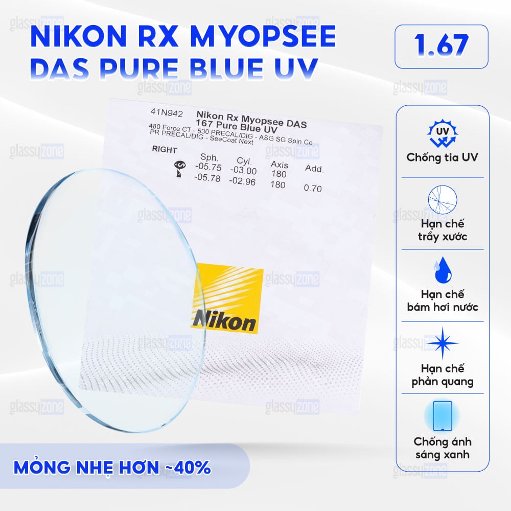 Tròng kính đánh Nikon Rx Myopsee DAS Pure Blue UV