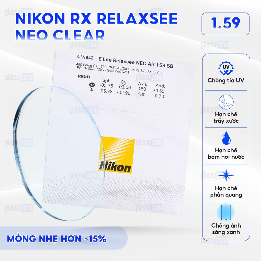 Tròng kính đánh Nikon Rx Relaxsee Neo Clear
