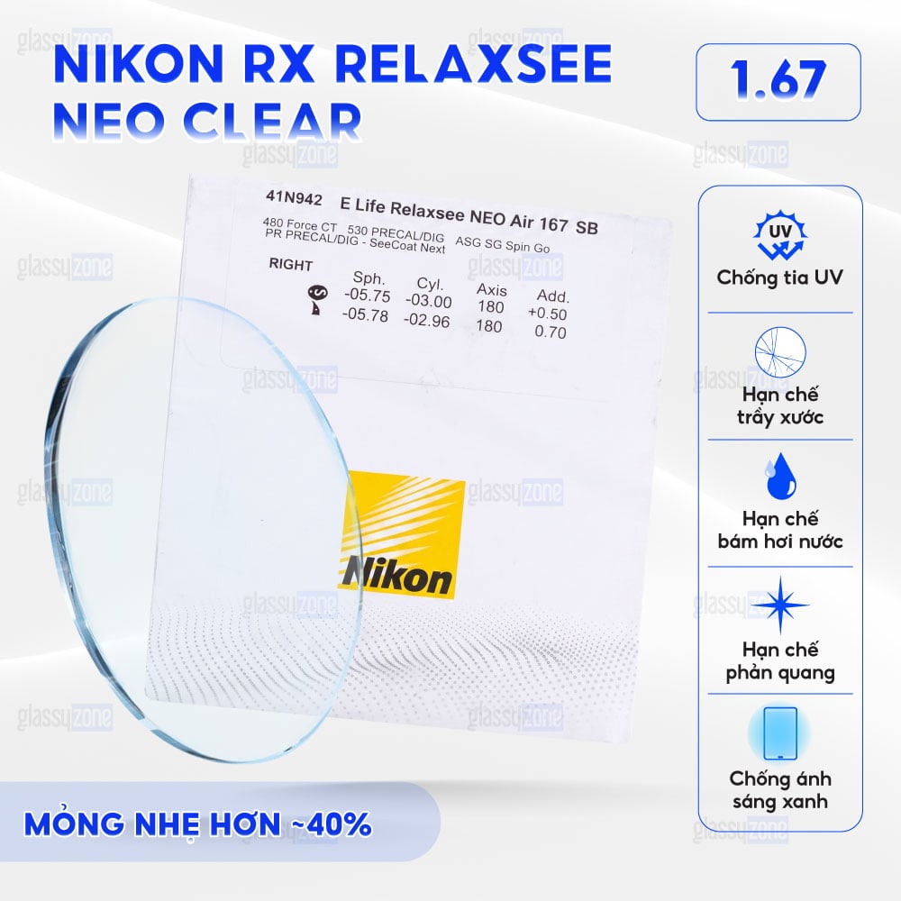 Tròng kính đánh Nikon Rx Relaxsee Neo Clear