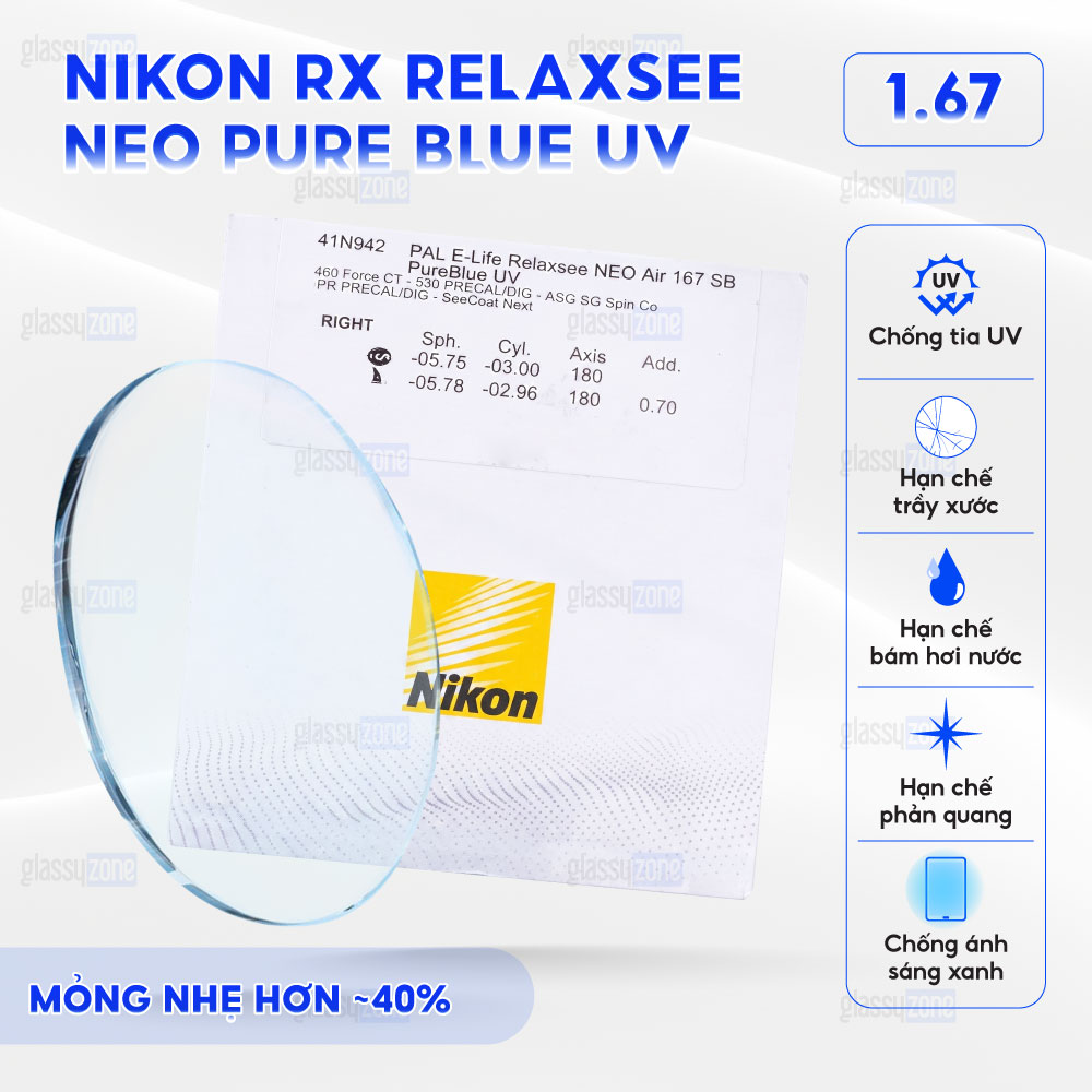 Tròng kính đánh Nikon Rx Relaxsee Neo Pure Blue UV