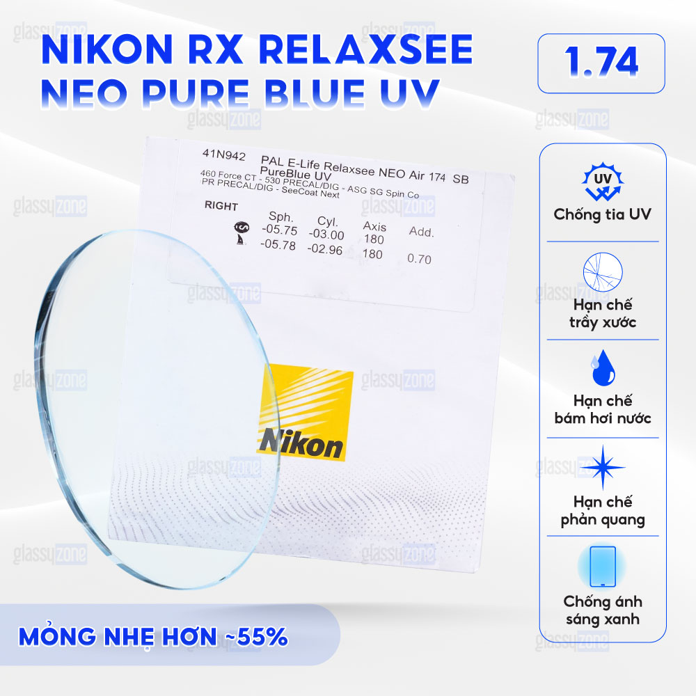 Tròng kính đánh Nikon Rx Relaxsee Neo Pure Blue UV
