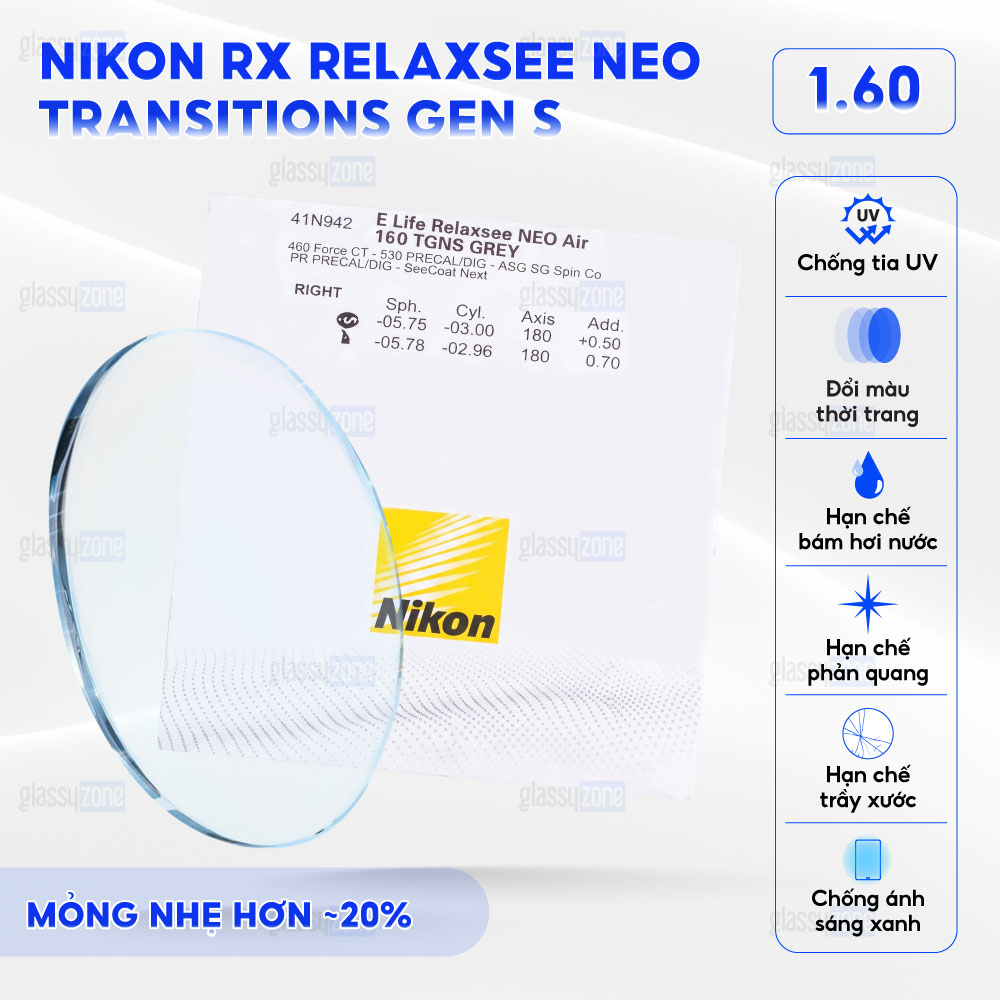 Tròng kính đánh Nikon Rx Relaxsee Neo Transitions Gen S