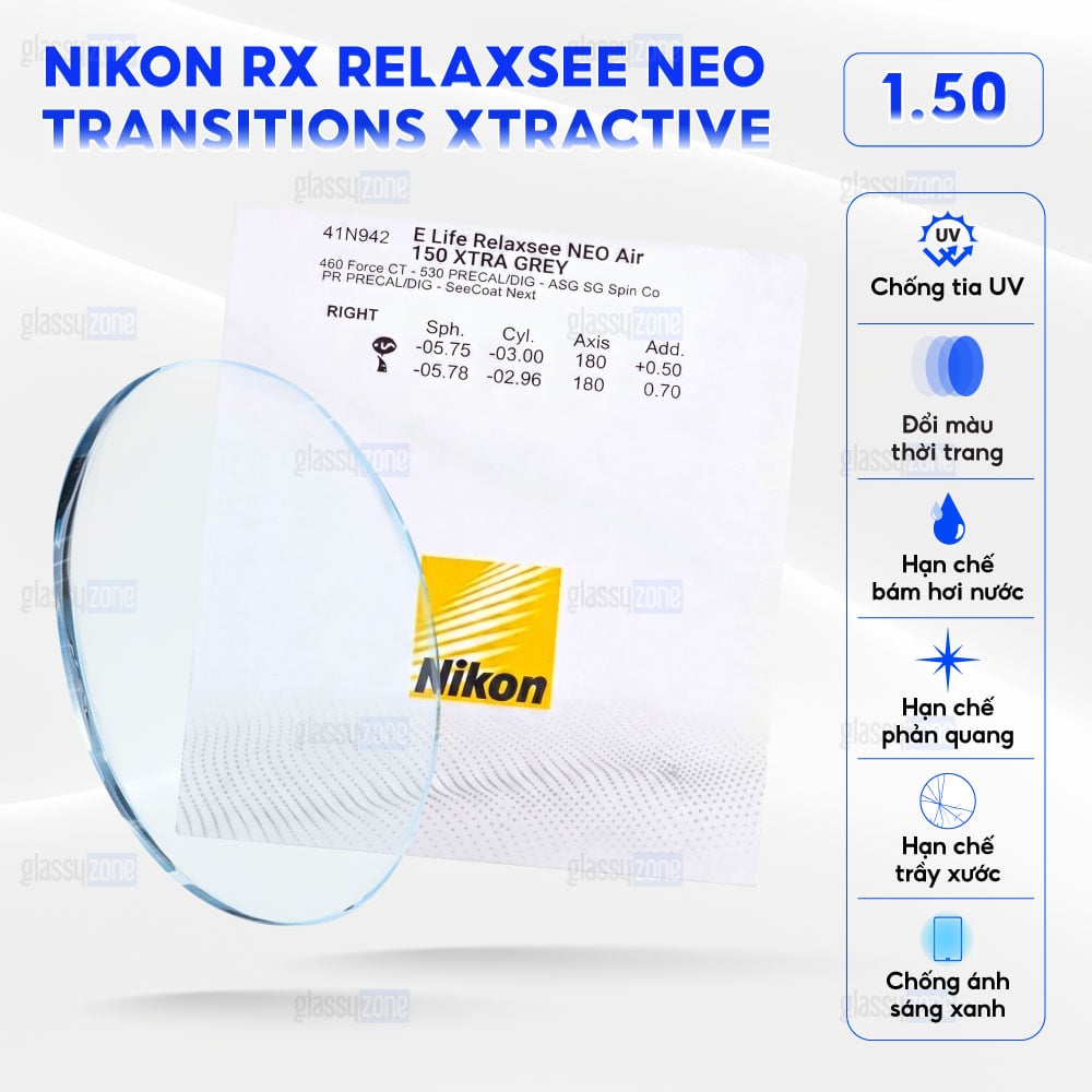 Tròng kính đánh Nikon Rx Relaxsee Neo Transitions Xtractive
