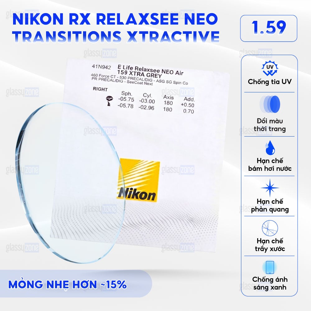 Tròng kính đánh Nikon Rx Relaxsee Neo Transitions Xtractive