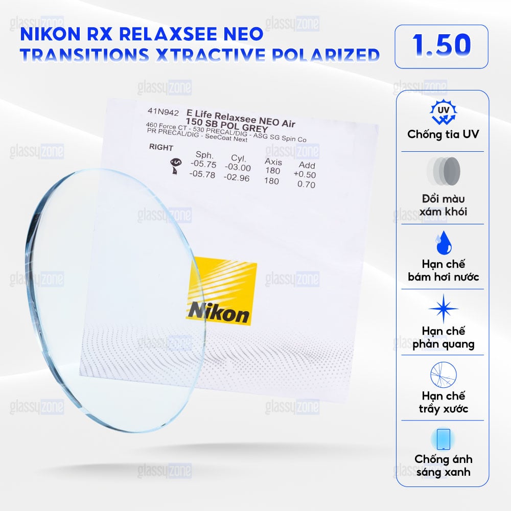 Tròng kính đánh Nikon Rx Relaxsee Neo Transitions Xtractive Polarized