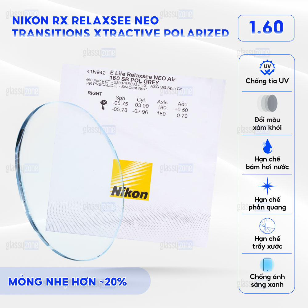 Tròng kính đánh Nikon Rx Relaxsee Neo Transitions Xtractive Polarized