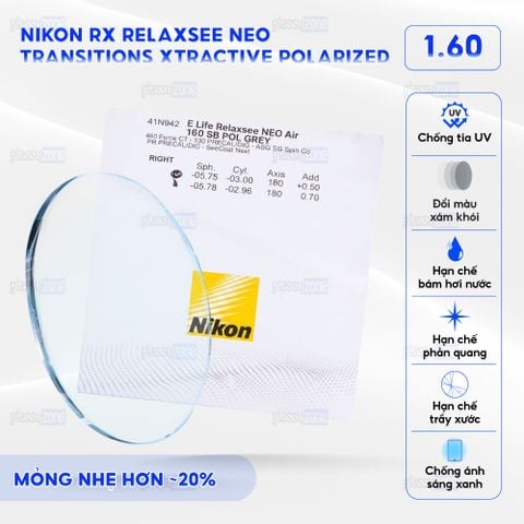 Tròng kính đánh Nikon Rx Relaxsee Neo Transitions Xtractive Polarized