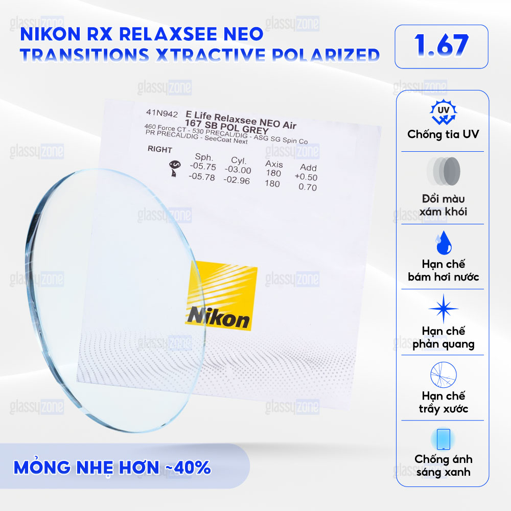 Tròng kính đánh Nikon Rx Relaxsee Neo Transitions Xtractive Polarized
