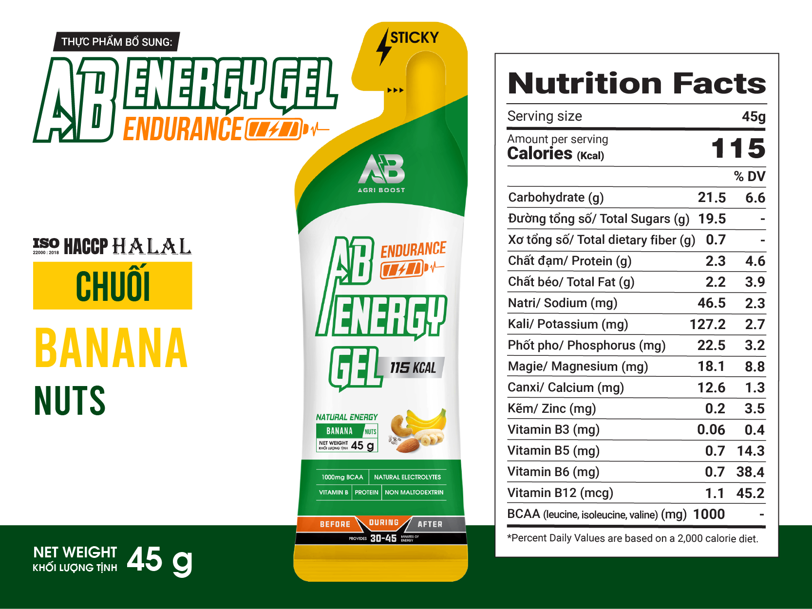  Gel Năng Lượng AB Endurance Gói 45g – Cafein 