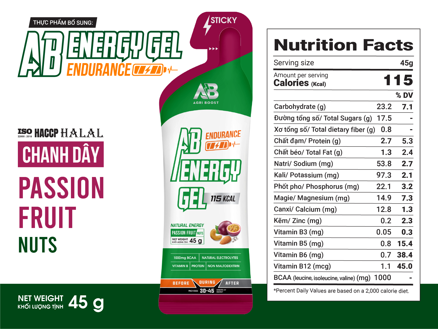  Gel Năng Lượng AB Endurance Gói 45g – Cafein 