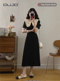  Váy Đen Phối Màu Cổ Búp Bê, Phong Cách Pháp Thanh Lịch, Che Khuyết Điểm Big Size 