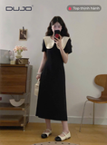  Váy Đen Phối Màu Cổ Búp Bê, Phong Cách Pháp Thanh Lịch, Che Khuyết Điểm Big Size 