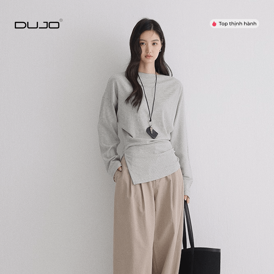  Áo Thun Lệch Vai “Design Minimal” – Kẻ Sọc Xám Trắng Thanh Lịch 
