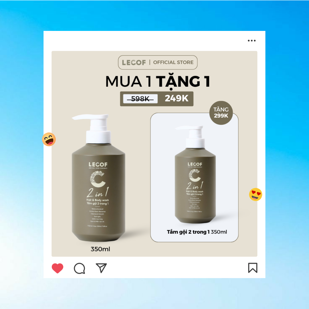  [SIÊU SALES MÙA HÈ - MUA 1 TẶNG 1] Sữa tắm gội 2 trong 1 nam LECOF hỗ trợ trị mụn lưng, dưỡng ẩm 350ml 