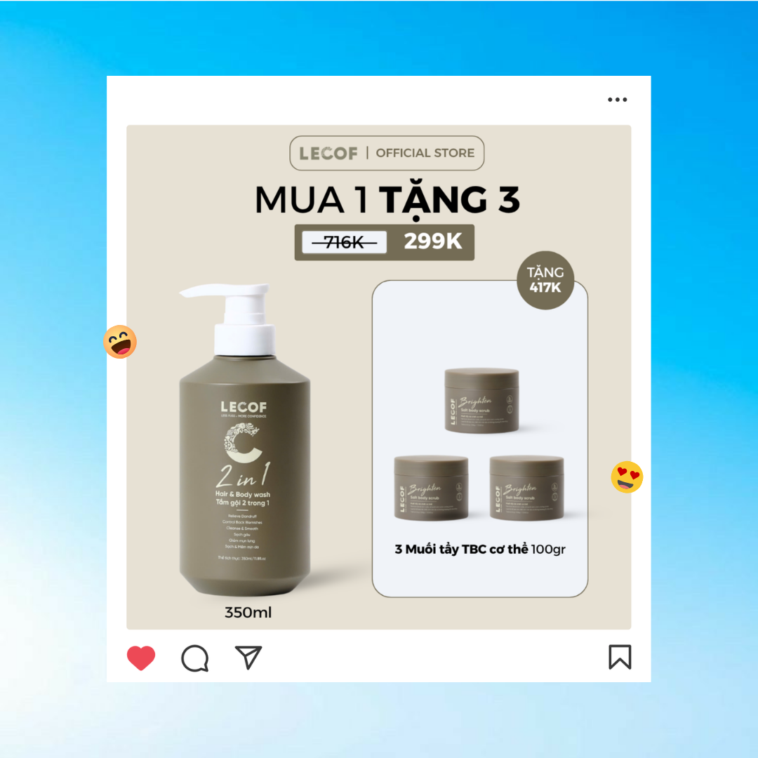  [SIÊU SALES MÙA HÈ - MUA 1 TẶNG 3] Sữa tắm gội 2 trong 1 nam LECOF hỗ trợ trị mụn lưng, dưỡng ẩm 350ml 