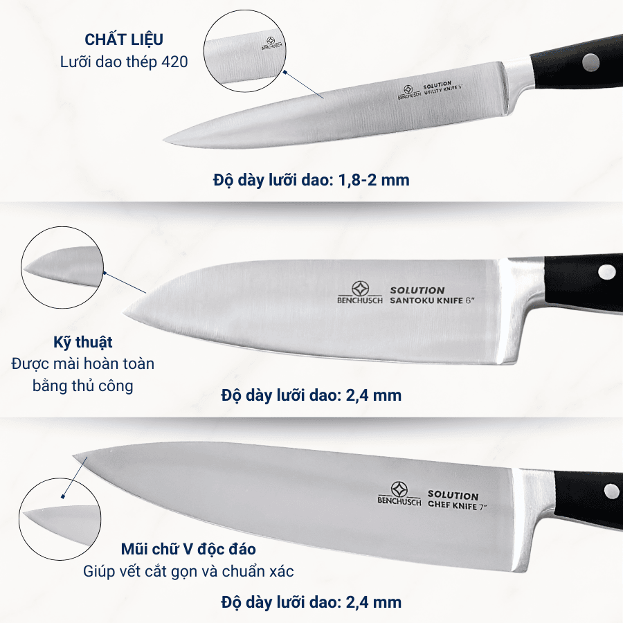  Bộ 03 Dao Nhà Bếp Benchusch Solution Series Cắt Thái Đa Năng - Thép Không Gỉ - Cán Nhựa - Chống Trơn Trượt 
