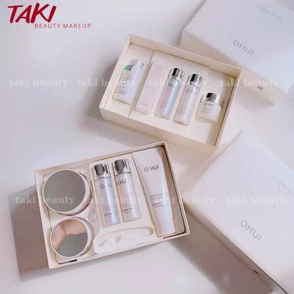 [ Tem LG ] Set Dưỡng Trắng Da Ohui Extreme White MelaToning Dark Spot Ampoule Essence (4 món)