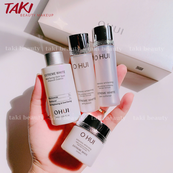 [ Tem LG ] Set Dưỡng Trắng Da Ohui Extreme White MelaToning Dark Spot Ampoule Essence (4 món)