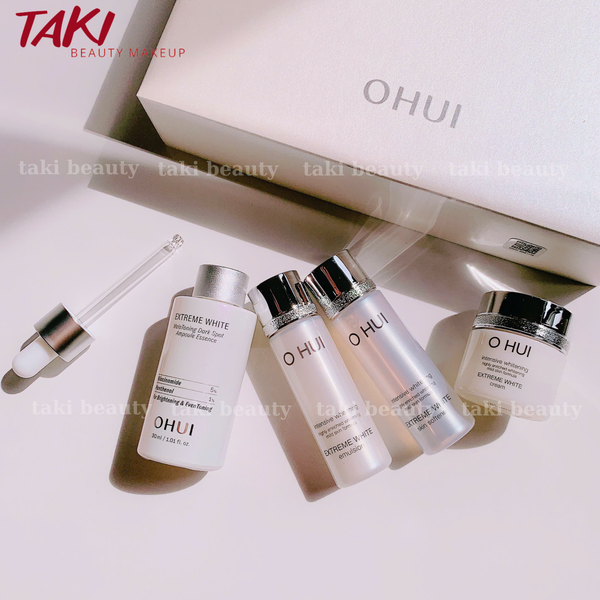 [ Tem LG ] Set Dưỡng Trắng Da Ohui Extreme White MelaToning Dark Spot Ampoule Essence (4 món)