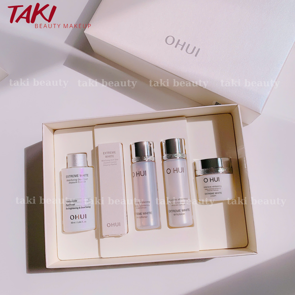 [ Tem LG ] Set Dưỡng Trắng Da Ohui Extreme White MelaToning Dark Spot Ampoule Essence (4 món)