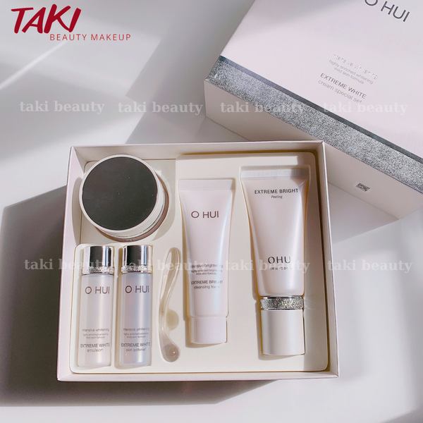 [ Tem LG ] Set Dưỡng Trắng Da Ohui Extreme White MelaToning Dark Spot Ampoule Essence (4 món)