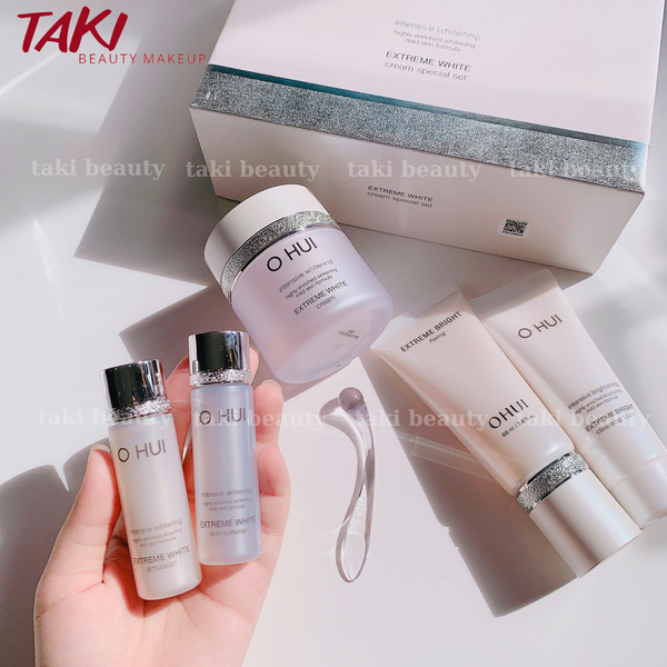 [ Tem LG ] Set Dưỡng Trắng Da Ohui Extreme White MelaToning Dark Spot Ampoule Essence (4 món)