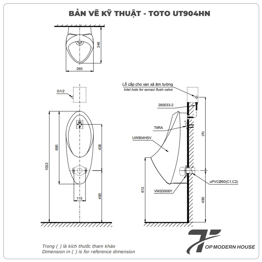 Bồn tiểu nam TOTO UT904HN (Đường cấp nước phía sau)