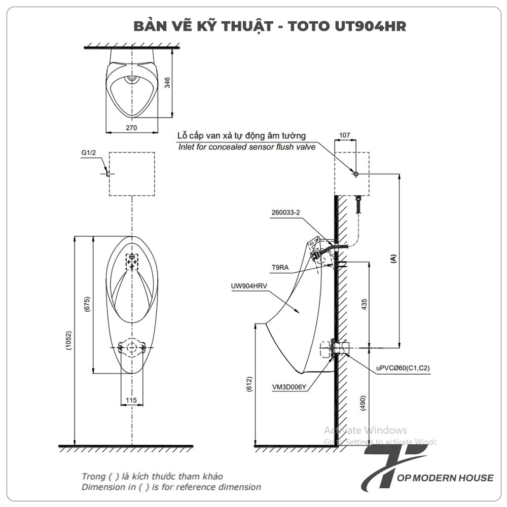 Bồn tiểu nam TOTO UT904HR (Đường cấp nước phía sau)