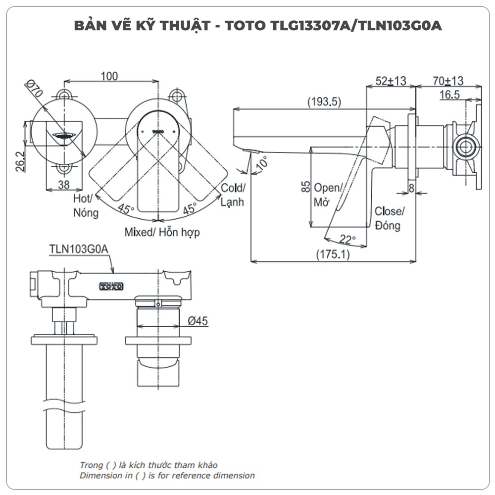 Vòi chậu gắn tường TOTO TLG13307A/TLN103G0A (Vòi ngắn)
