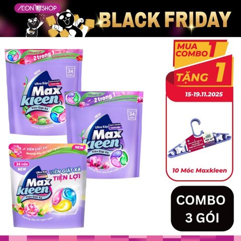[HÀ ĐÔNG] Combo 3 Gói Viên Giặt Xả 2In1 Maxkleen 34 Viên x 15g