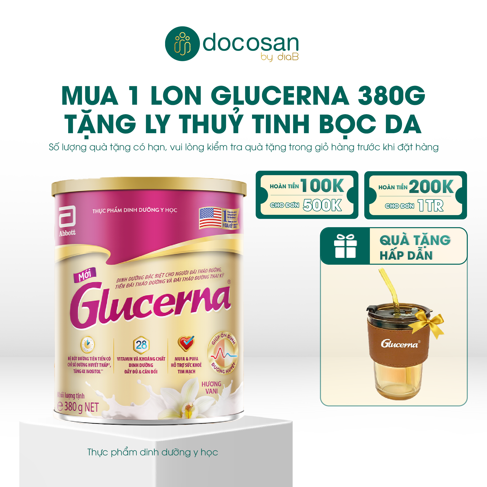  [Tặng ly bọc da] Glucerna dạng bột hương vani 380g 