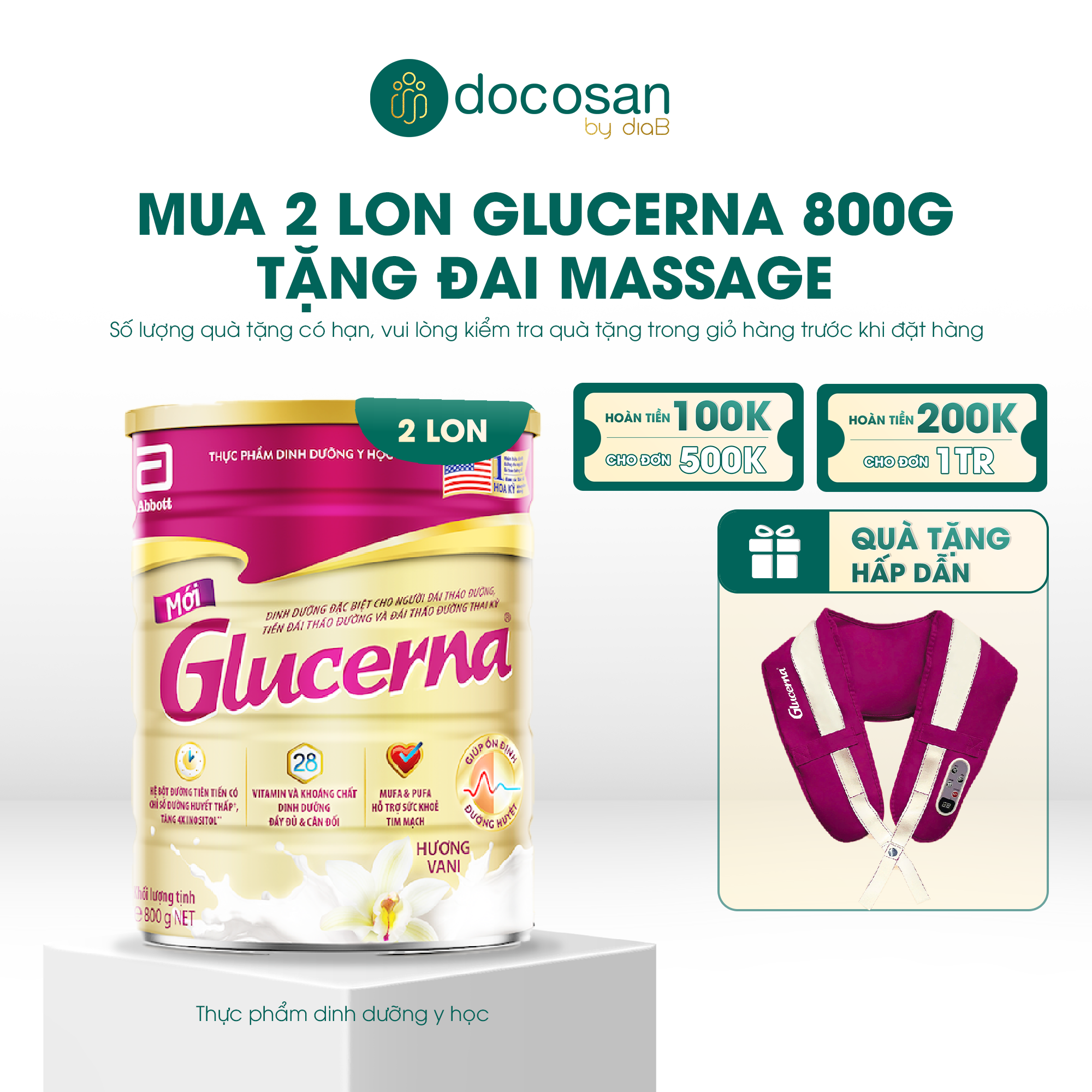  [Tặng đai massage] Combo 2 lon Glucerna dạng bột hương vani 800g 