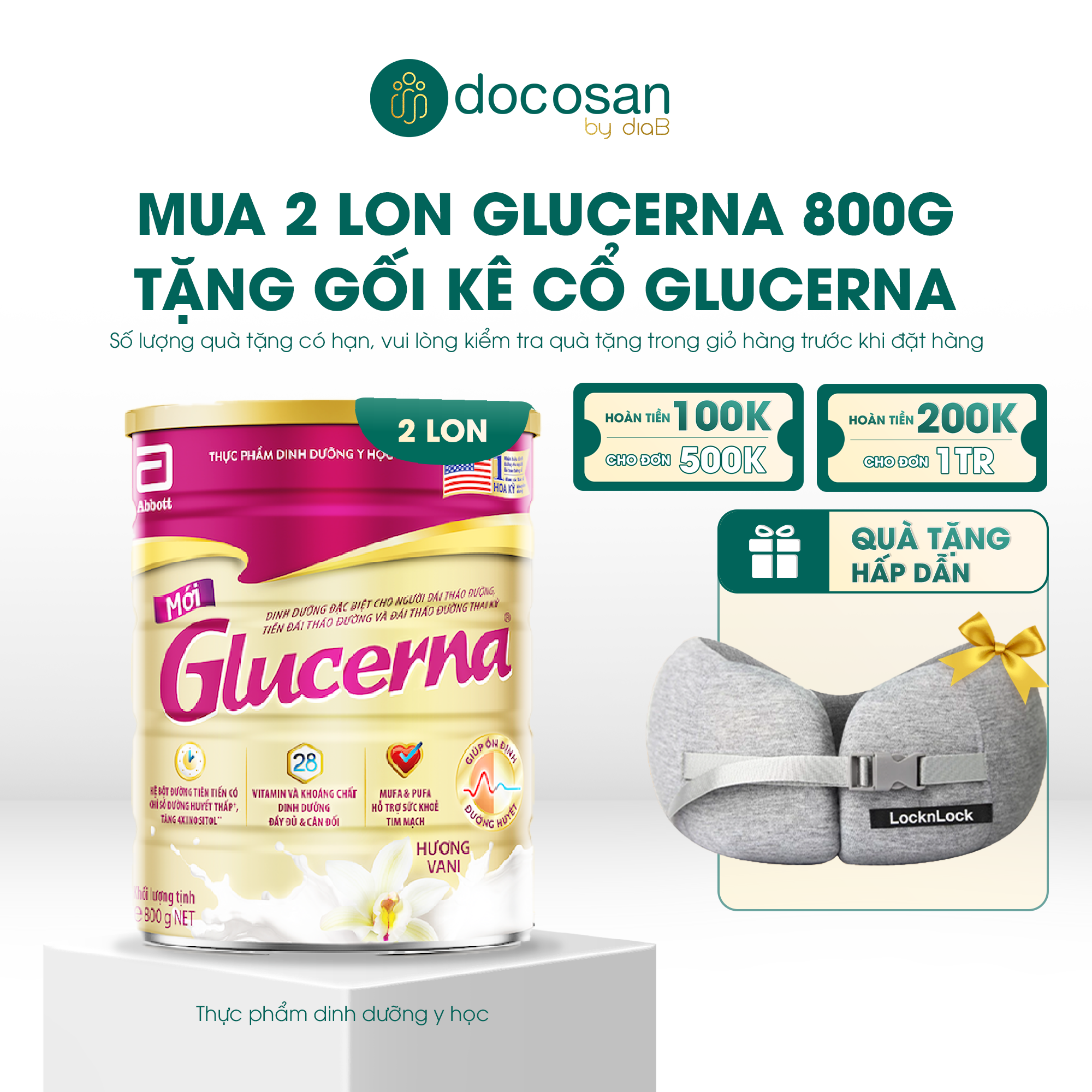  [Tặng gối kê cổ] Combo 2 lon Glucerna dạng bột hương vani 800g 