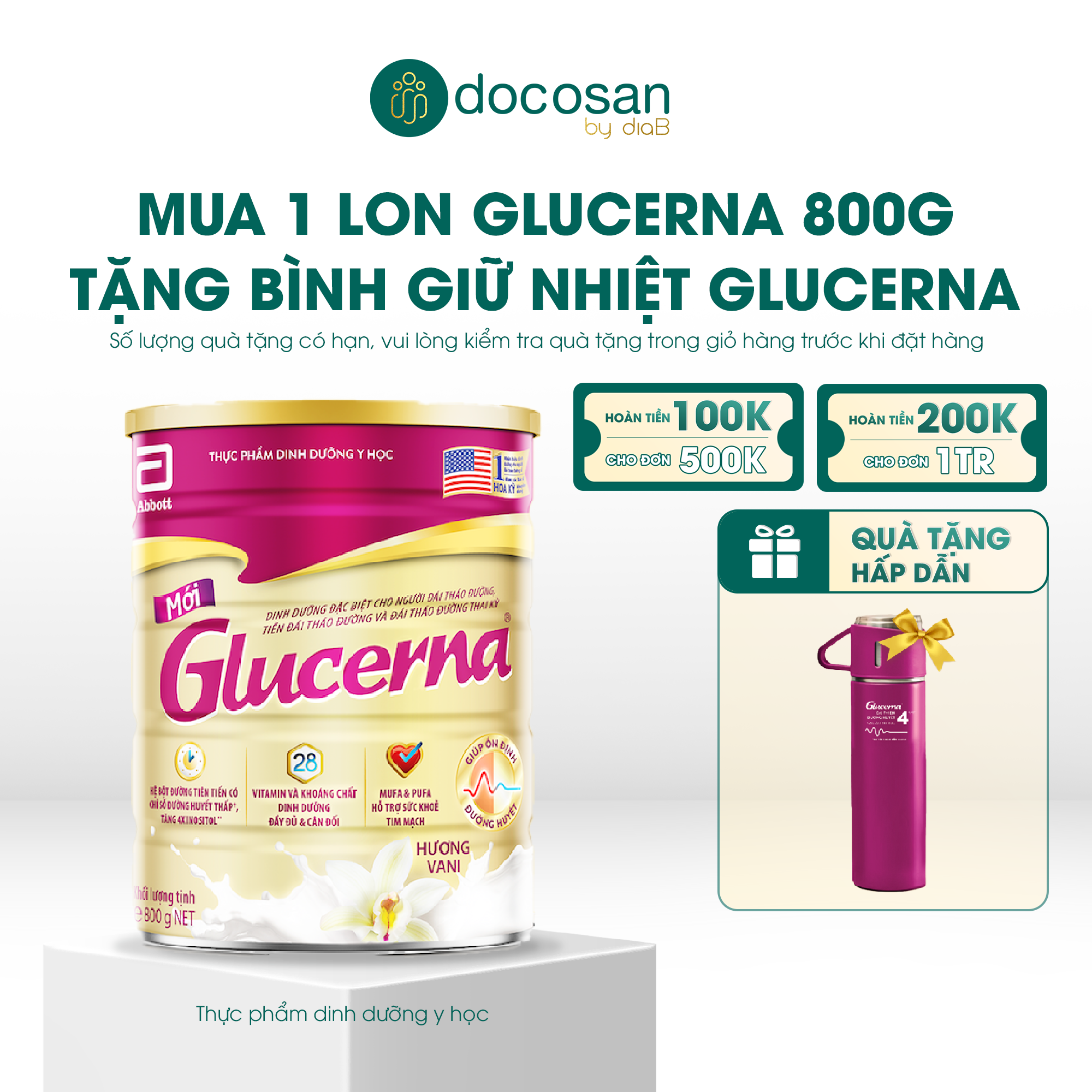  [Tặng bình giữ nhiệt kèm cốc] Glucerna dạng bột hương vani 800g 