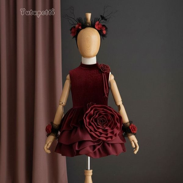  P25_241. Đầm Nhung Hoa Đỏ 