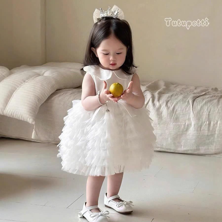  P25_191. Đầm Công Chúa Xếp Li Trắng 