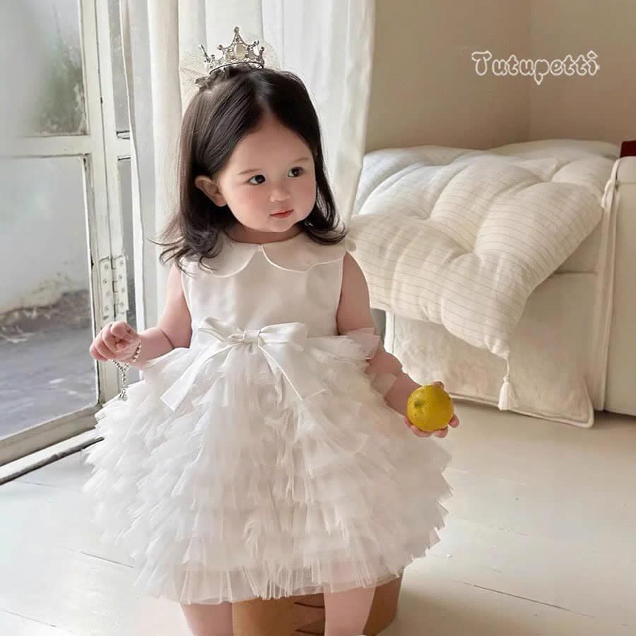  P25_191. Đầm Công Chúa Xếp Li Trắng 