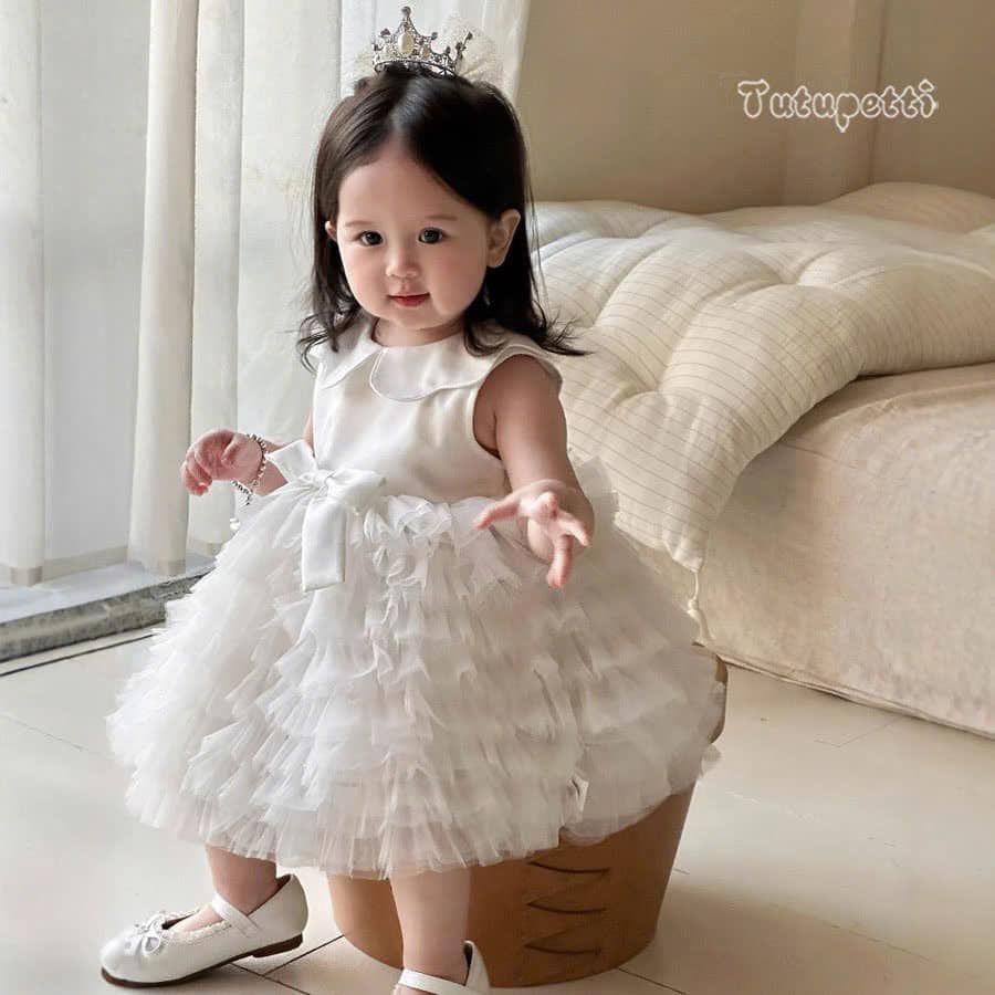  P25_191. Đầm Công Chúa Xếp Li Trắng 