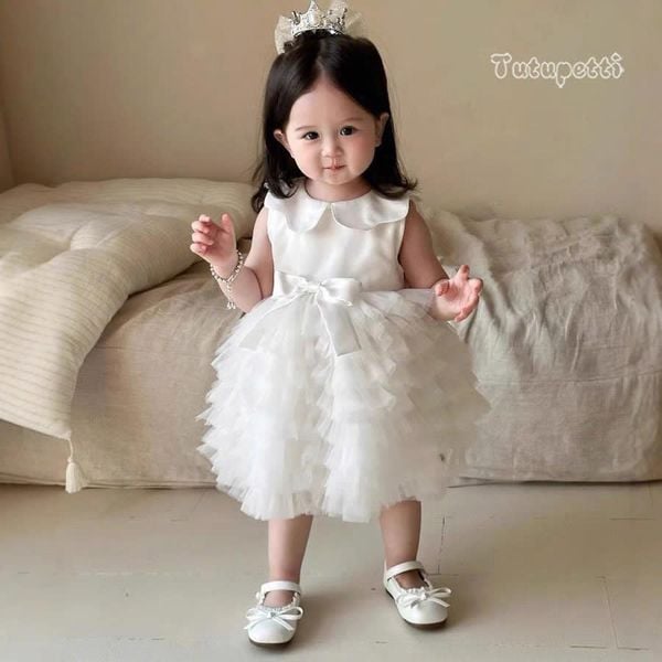  P25_191. Đầm Công Chúa Xếp Li Trắng 