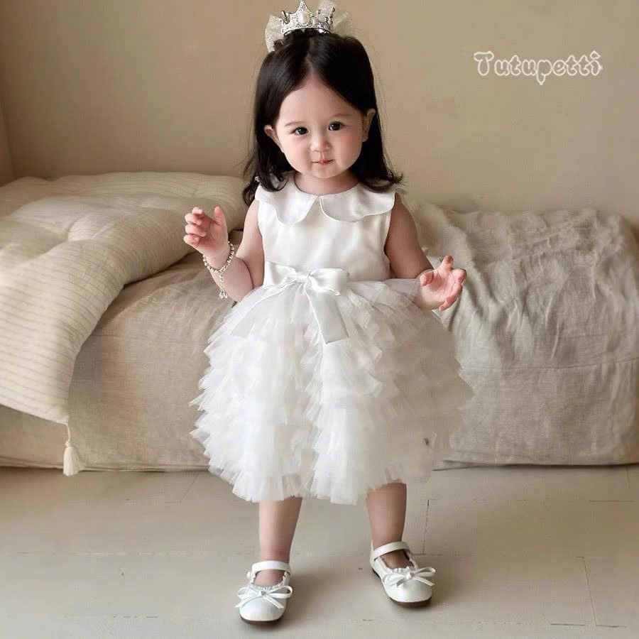  P25_191. Đầm Công Chúa Xếp Li Trắng 