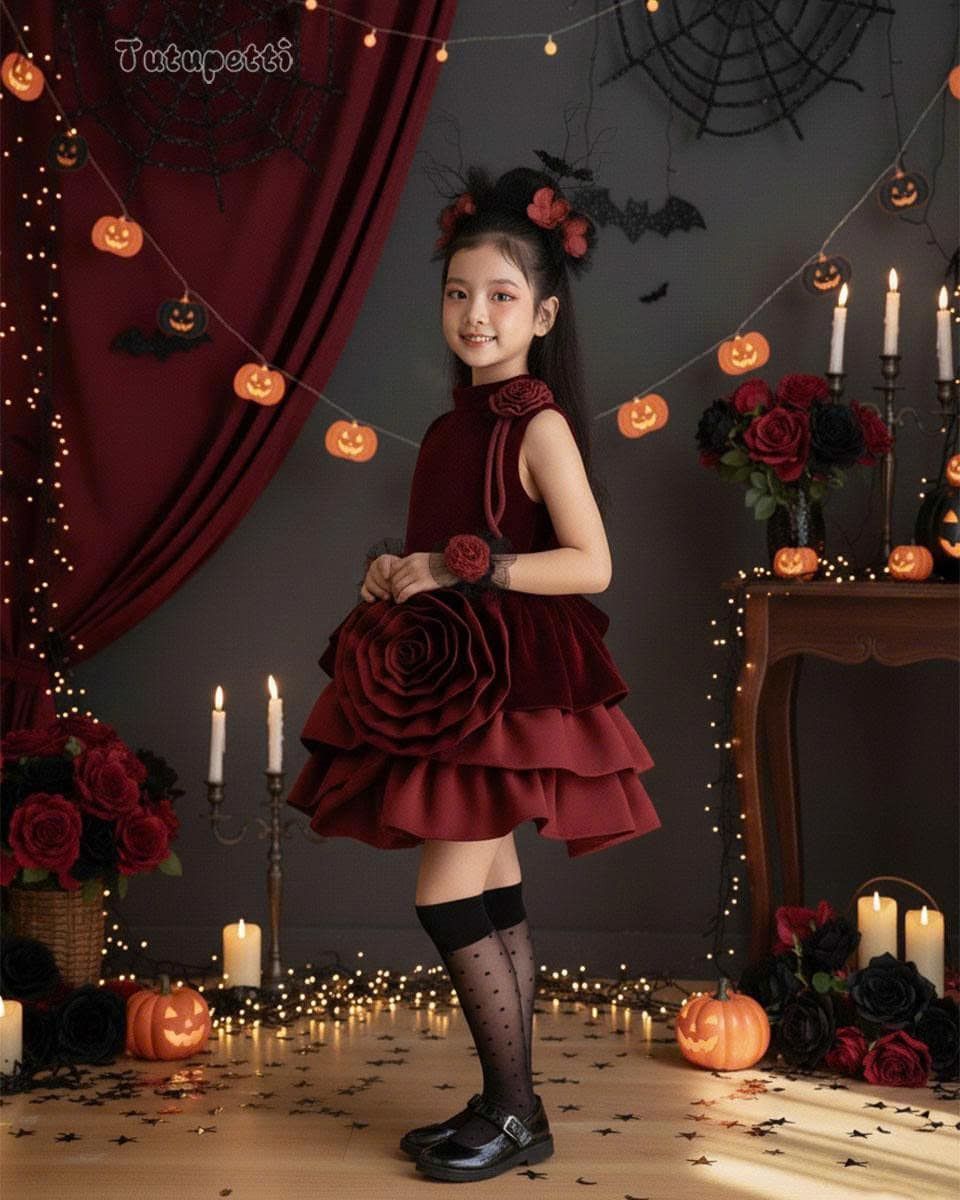  P25_241. Đầm Nhung Hoa Đỏ 