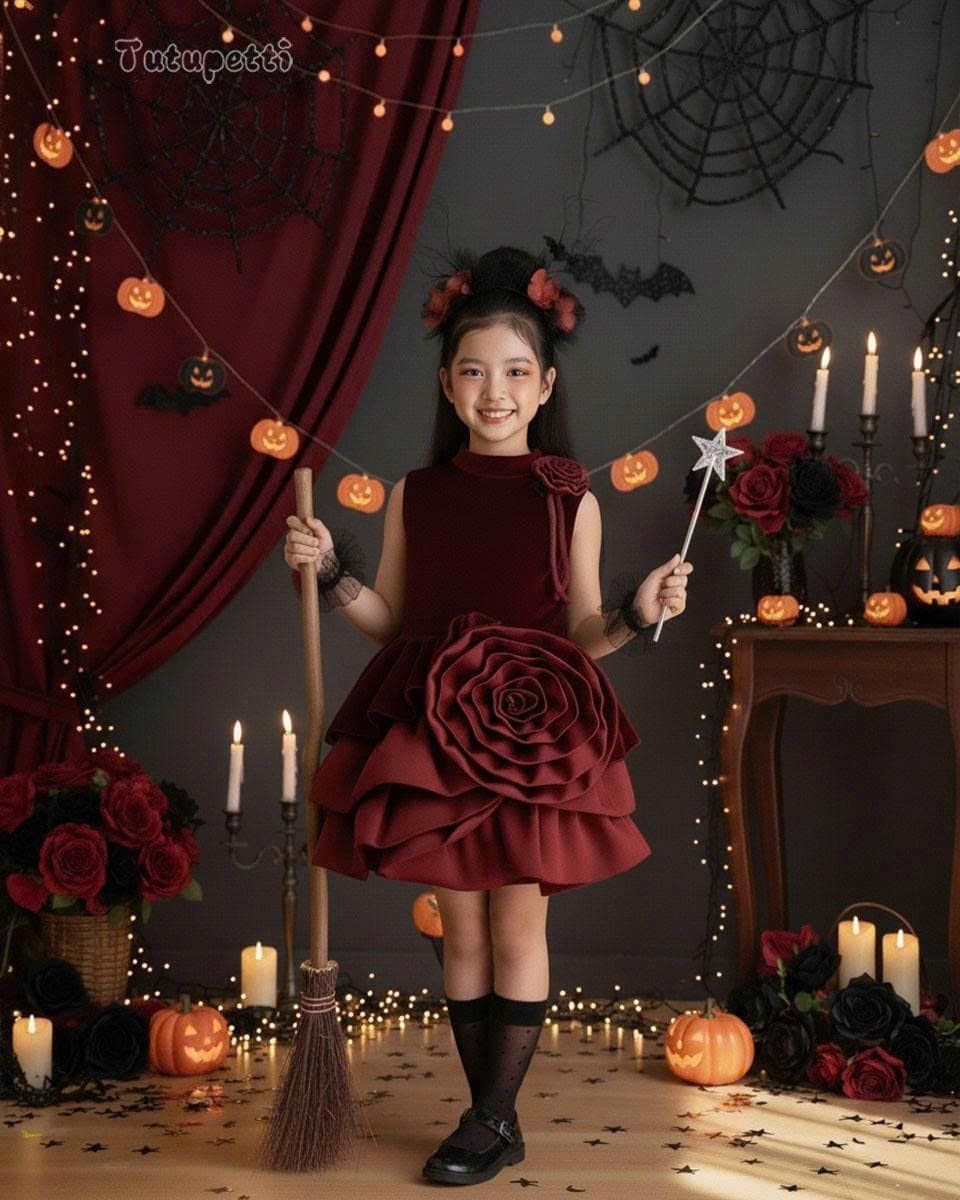  P25_241. Đầm Nhung Hoa Đỏ 