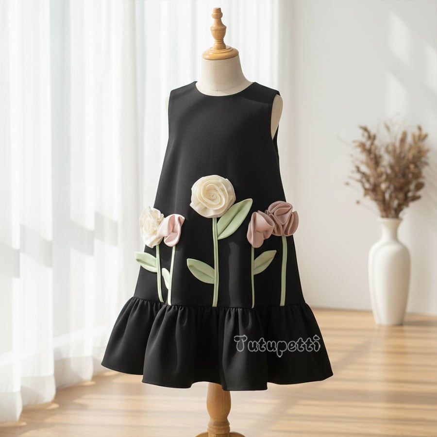  P25_240. Đầm Tiểu Thư Suông Hoa Đen 