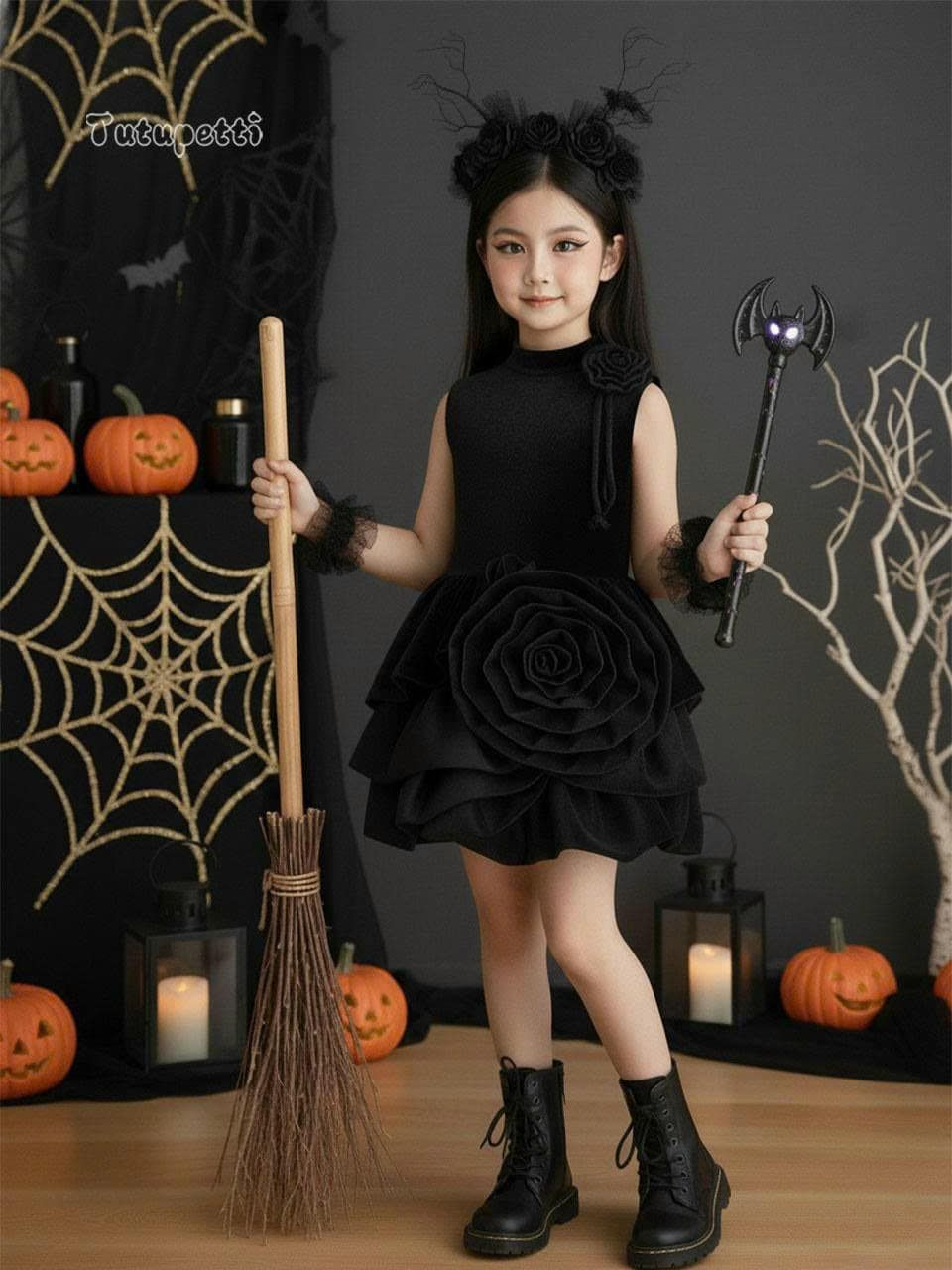  P25_241. Đầm Nhung Hoa Đen 