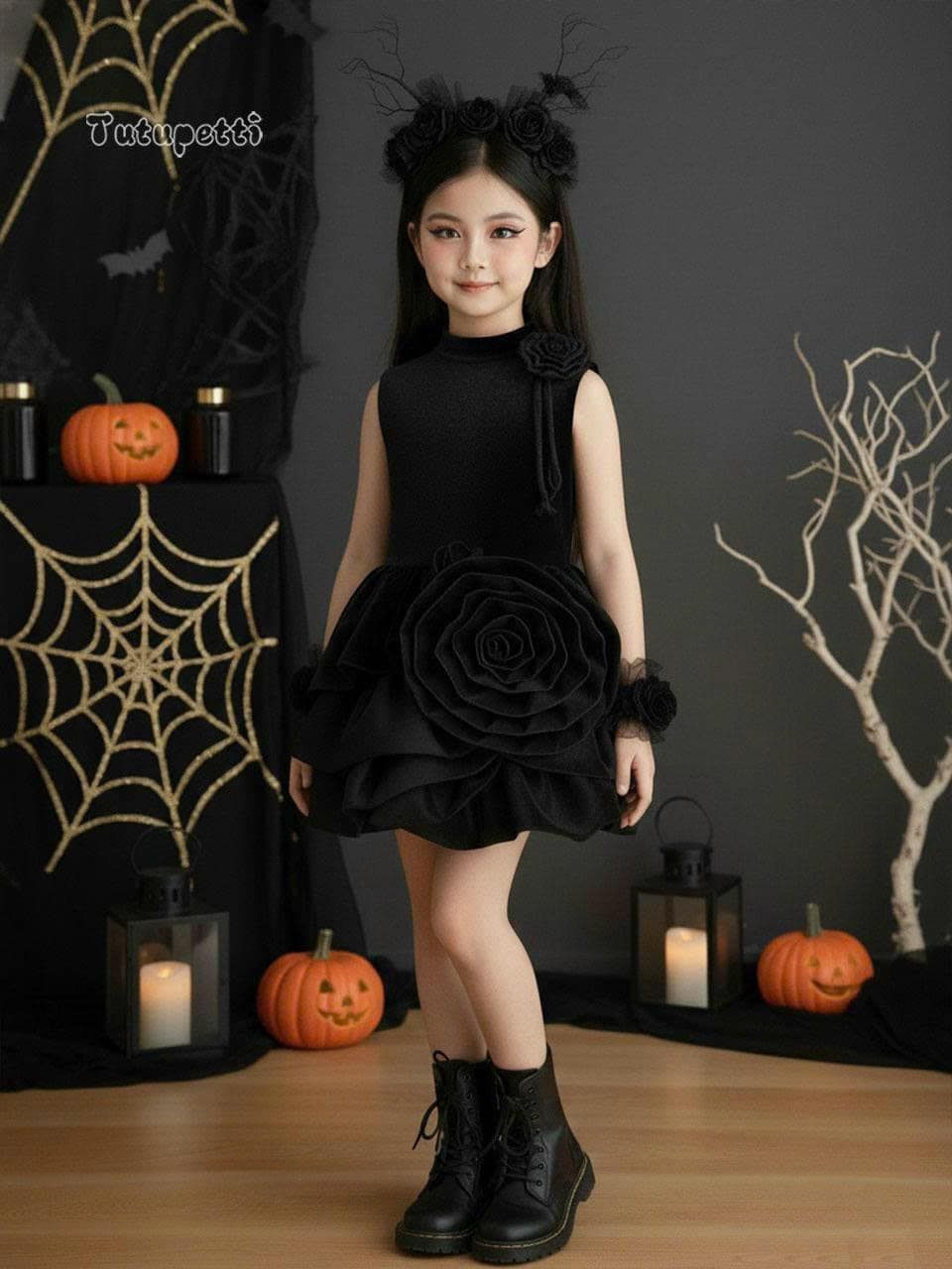  P25_241. Đầm Nhung Hoa Đen 