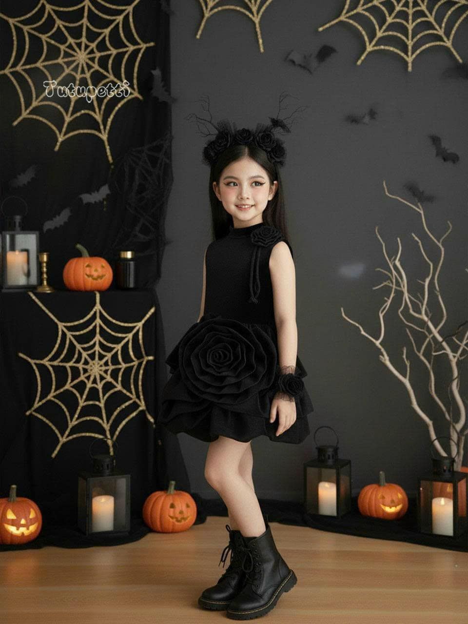  P25_241. Đầm Nhung Hoa Đen 