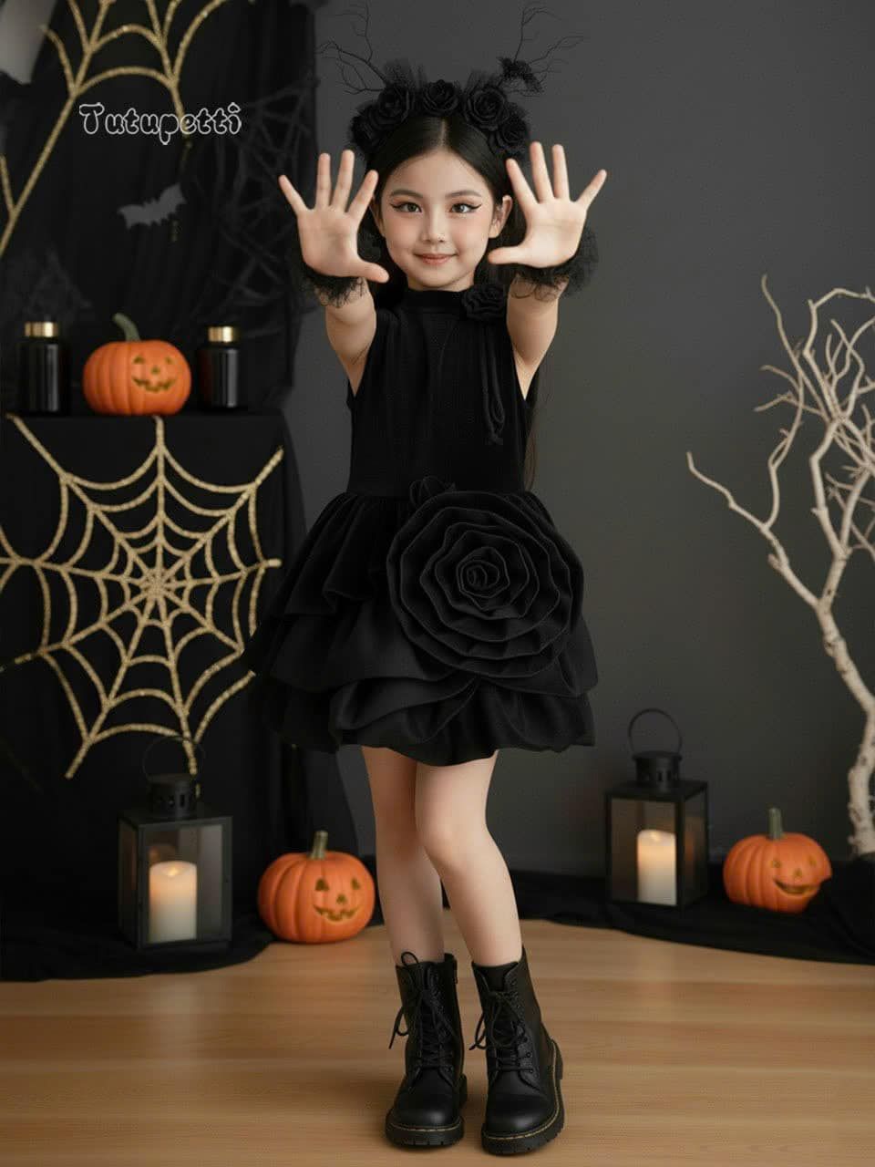  P25_241. Đầm Nhung Hoa Đen 